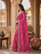 Georgette Bandhani Print Saree With Unstitched Blouse(Rani)