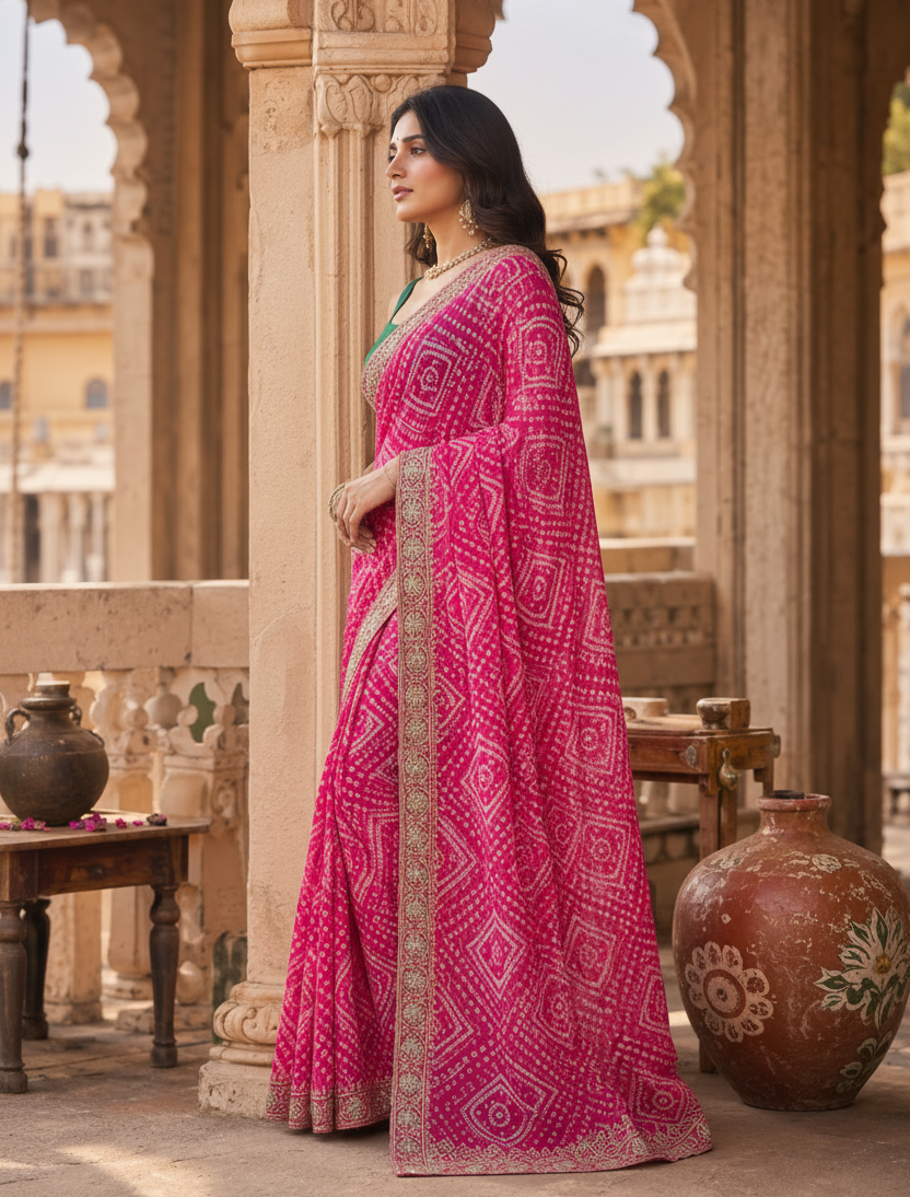 Georgette Bandhani Print Saree With Unstitched Blouse(Rani)