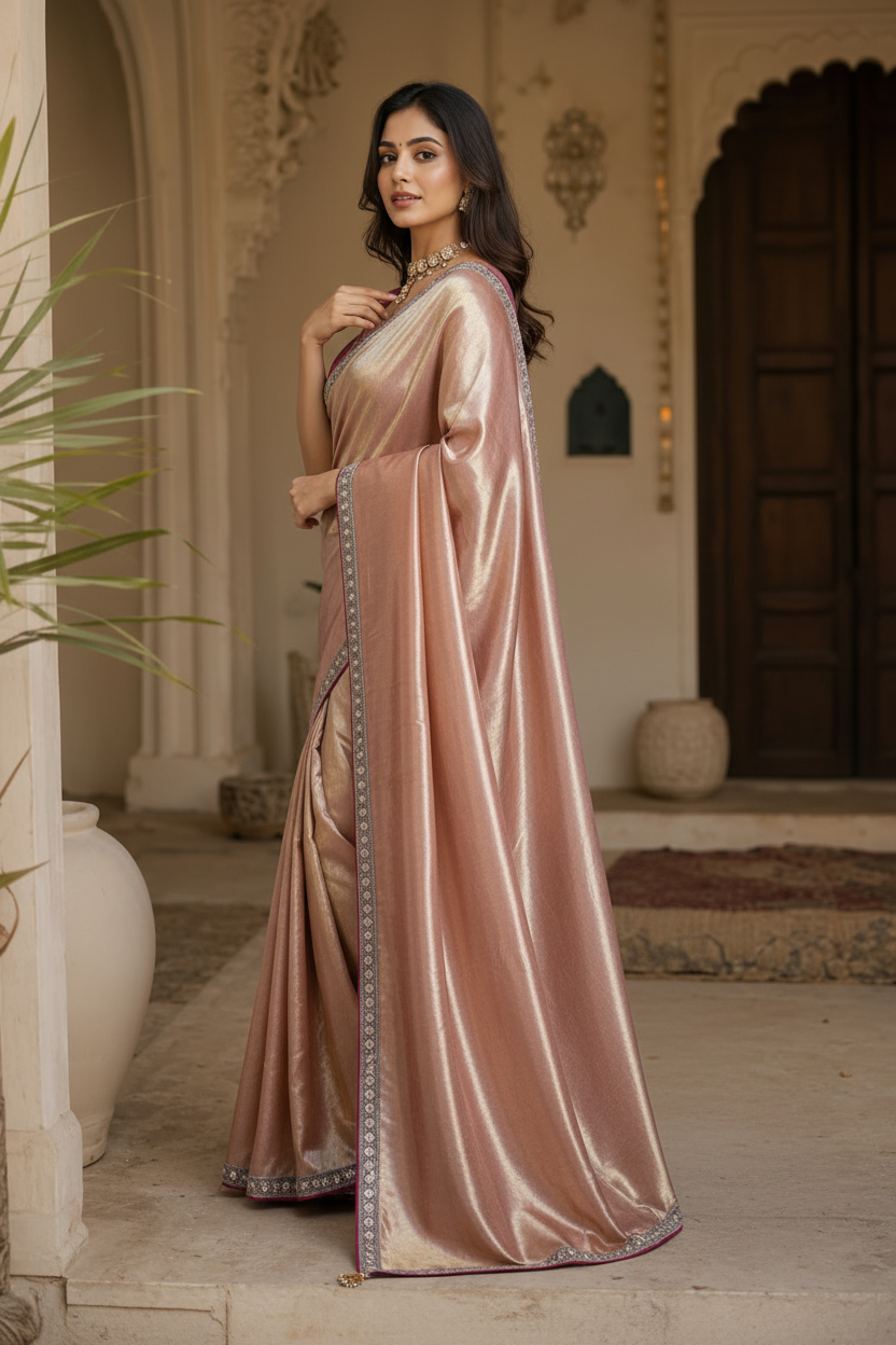 Soft Tissue Silk Sequins Work Saree With Unstitched Blouse(Pink)