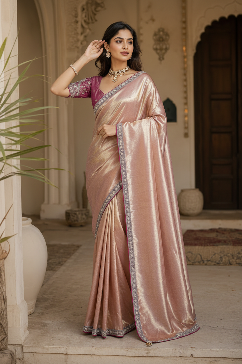 Soft Tissue Silk Sequins Work Saree With Unstitched Blouse(Pink)
