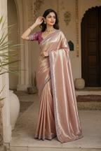 Soft Tissue Silk Sequins Work Saree With Unstitched Blouse(Pink)