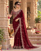 Satin Silk Embroidery Sequin Work Saree With Unstitched Blouse(Red)
