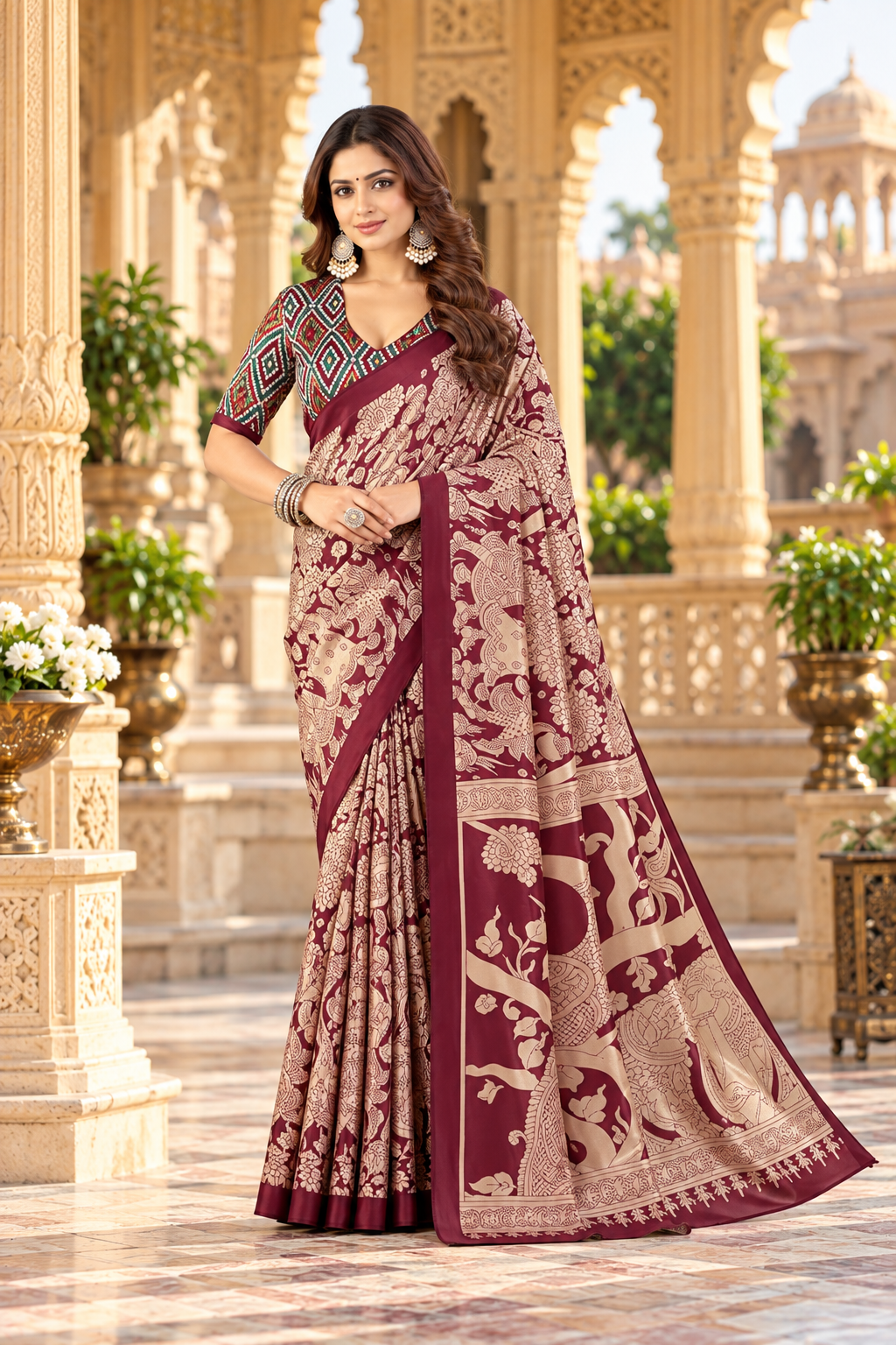 Premium Tussar Silk kalamkari Print Saree With Unstitched Blouse(Red)