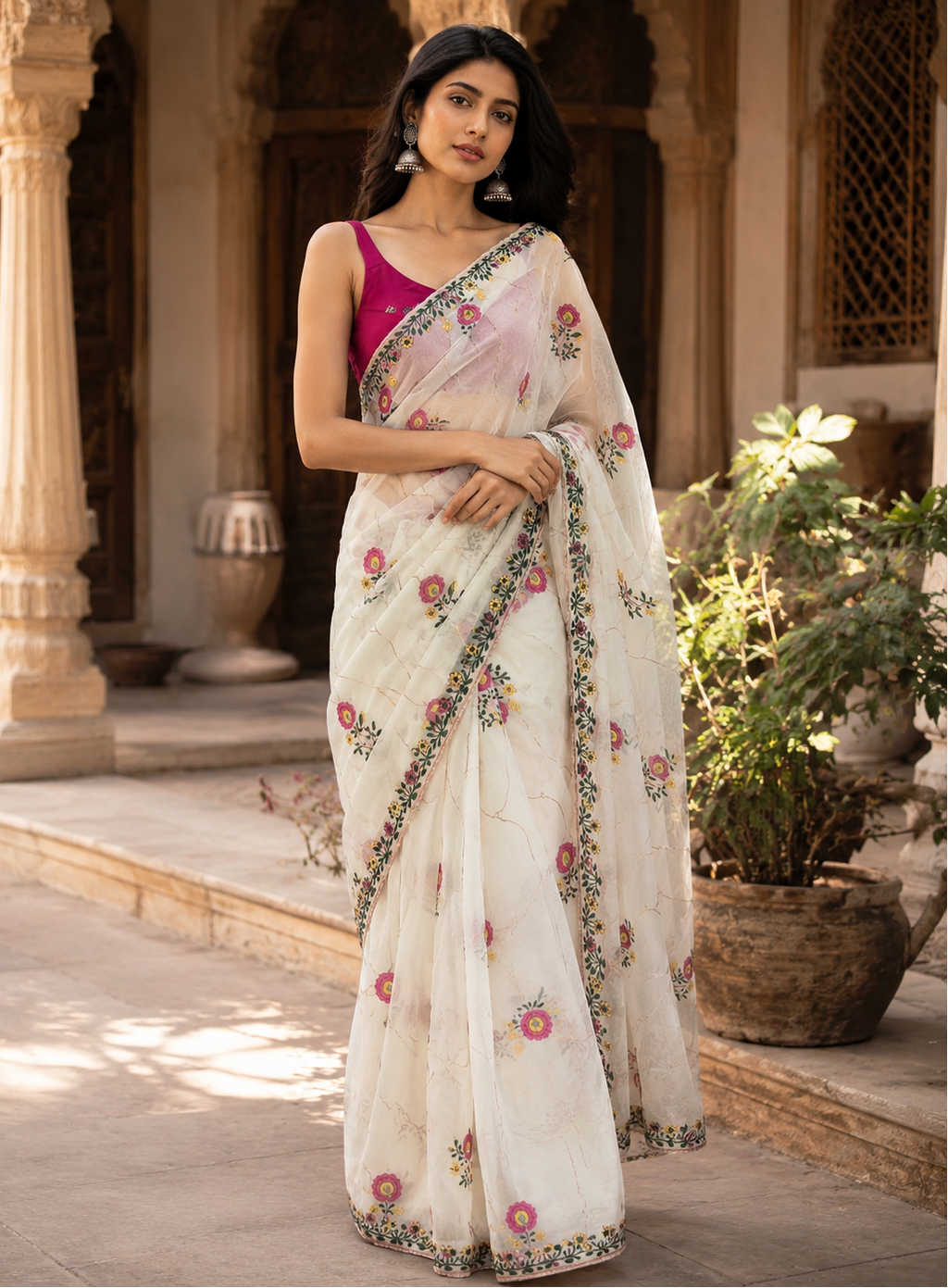 Star Georgette Ready To Wear Embroidery Work Saree With Unstitched Blouse(White)