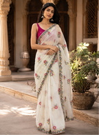 Star Georgette Ready To Wear Embroidery Work Saree With Unstitched Blouse(White)