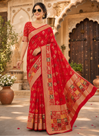 Dola Silk Soft Rajwadi Kashmiri Thread Zari Weaving Border With Unstitched Butti  Blouse (Red)