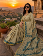 Soft Maslin Cotton Zari Border Traditional Hand Block Saree With Unstitched Blouse (Beige)