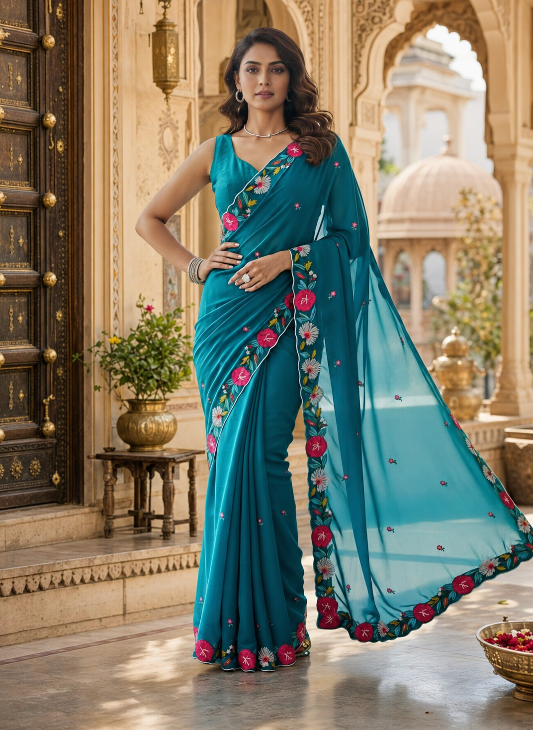 Georgette Printed Saree With Unstitched Blouse(Blue)