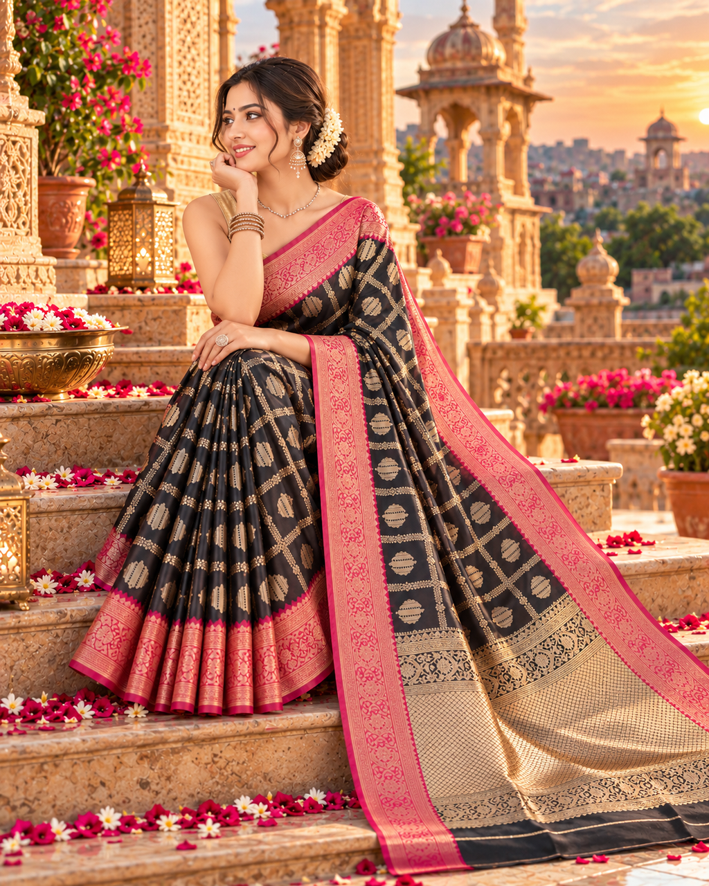 Banarasi Silk Saree Golder Zari Border With Unstitched Blouse(Black)
