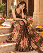 Soft Silk Digital Print Saree With Unstitched Blouse(Brown)