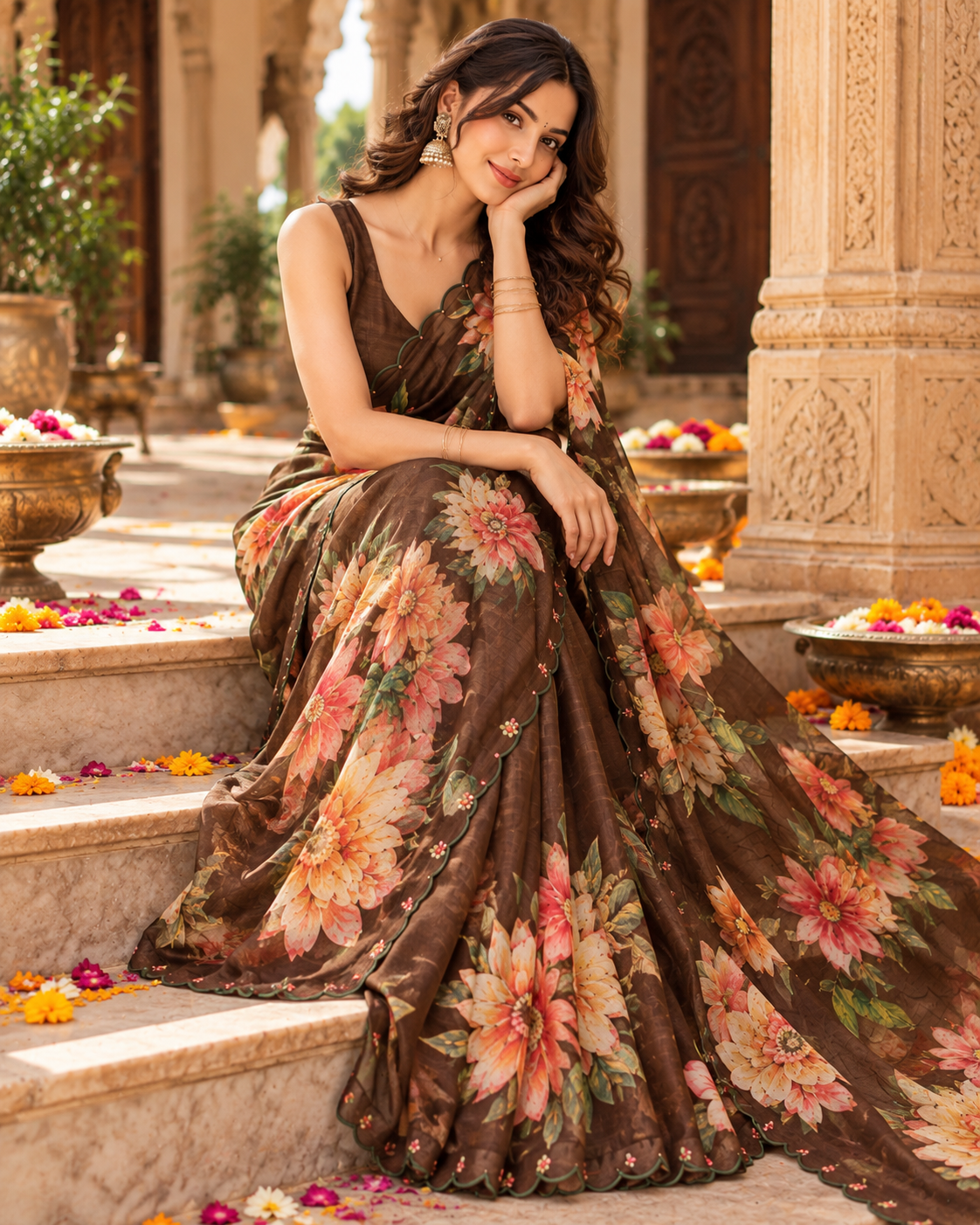 Soft Silk Digital Print Saree With Unstitched Blouse(Brown)