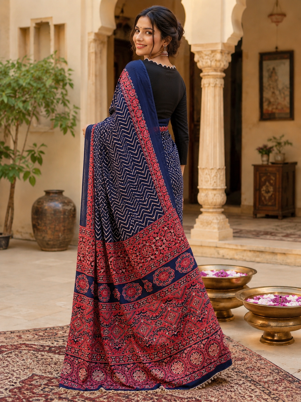 Premium Satin Silk Ajrarakh Print Saree with Unstitched Blouse(Blue)