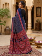 Premium Satin Silk Ajrarakh Print Saree with Unstitched Blouse(Blue)