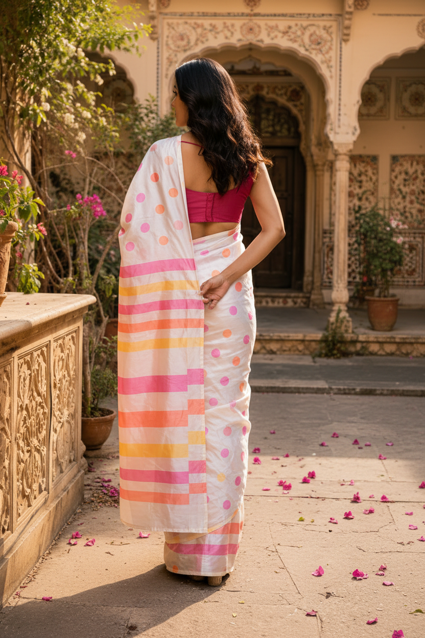 Premium Satin Silk Saree With Unstitched Blouse(Off White)