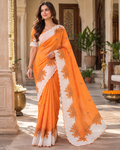 Premium Linen Digital Print Cut work border Saree With Ustitched Blouse (Orange)