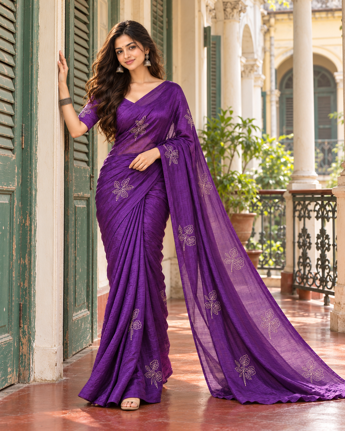 Soft Space Silk Thread Work Saree With Unstitched Blouse(Purple)