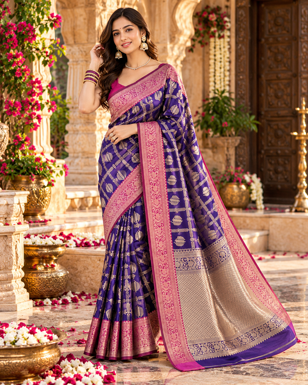 Banarasi Silk Saree Golder Zari Border With Unstitched Blouse(Blue)