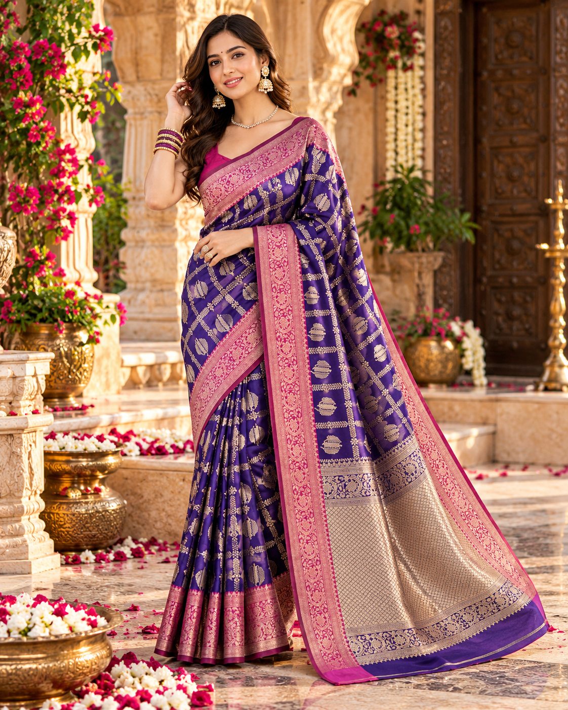 Banarasi Silk Saree Golder Zari Border With Unstitched Blouse(Blue)