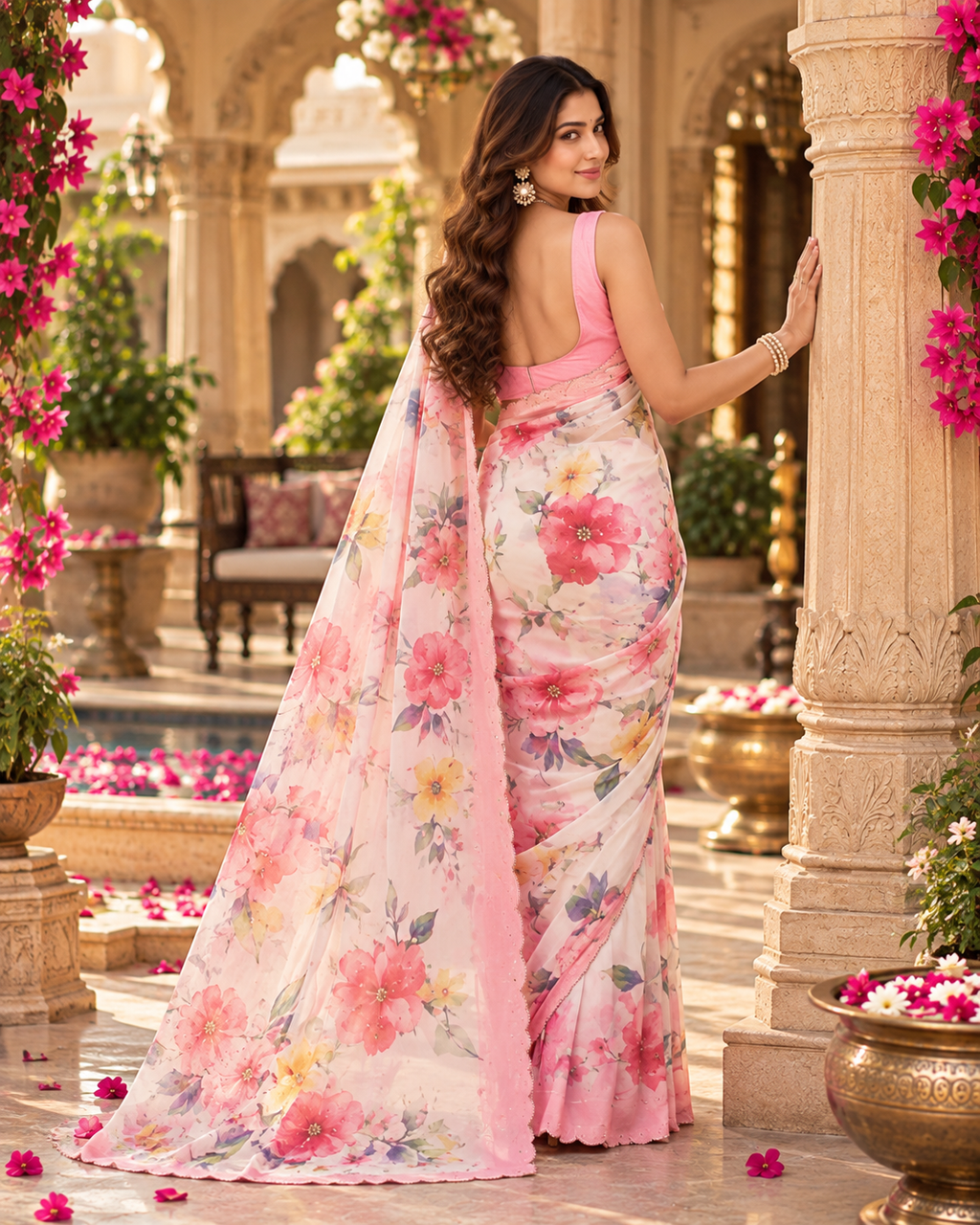 Soft Tissue Silk Floral printed Saree With Unstitched Blouse(White)