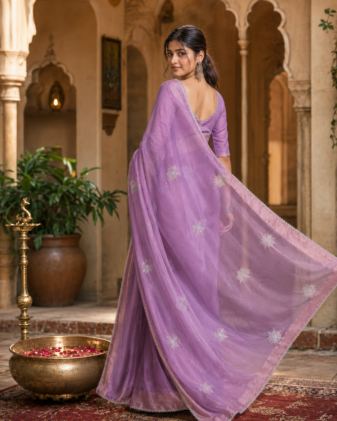 Gold Span Embroidery Moti Beats Zari Patta Border Silk Saree With Unstitched Blouse ( Violet)