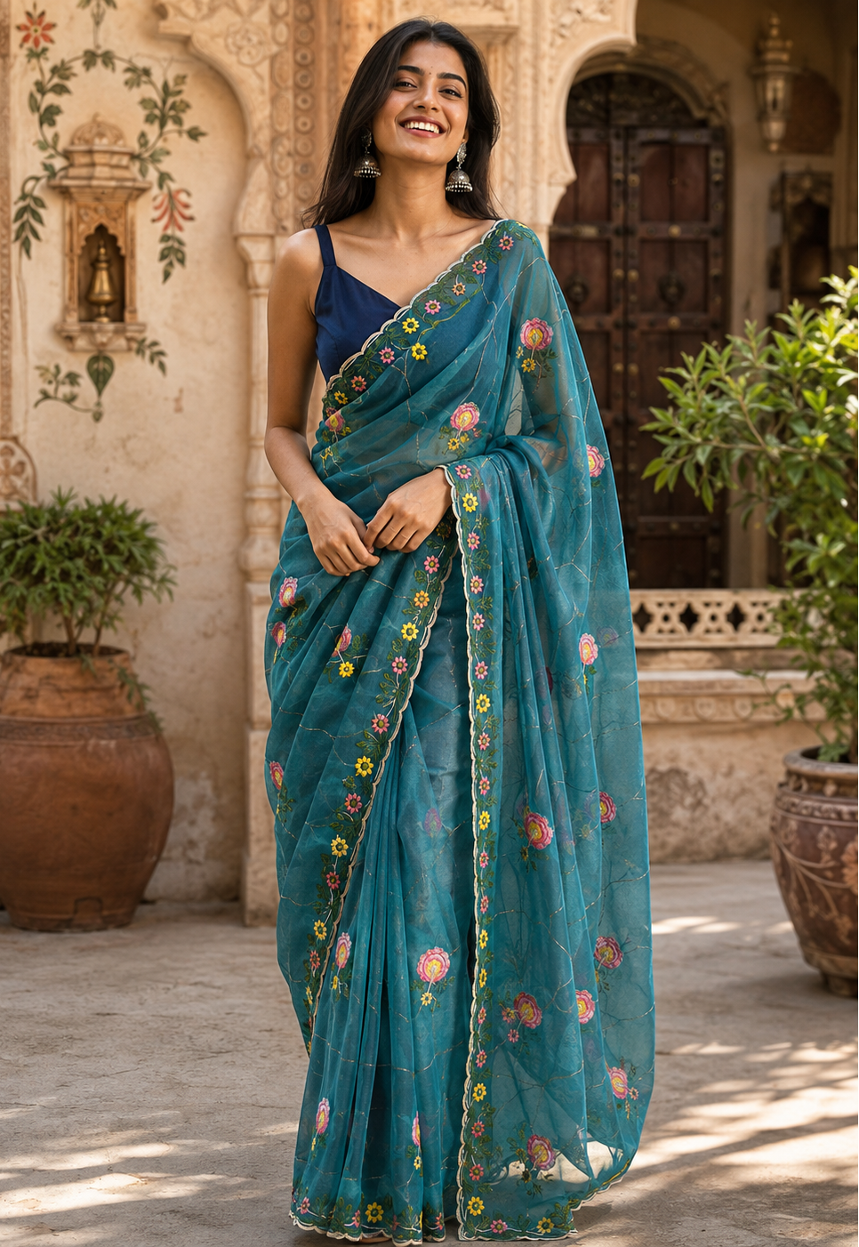 Star Georgette Ready To Wear Embroidery Work Saree With Unstitched Blouse(Rama)