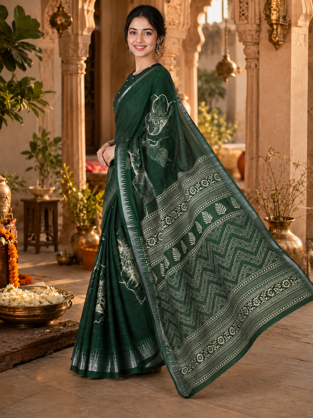 Premium Slub Silk Floral Printed  Zari Border Saree With Unstitched Blouse (Bottle Green)