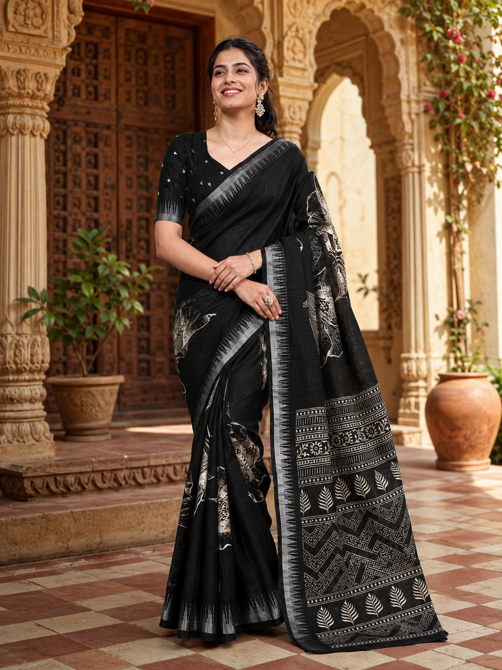 Premium Slub Silk Floral Printed  Zari Border Saree With Unstitched Blouse (Black)