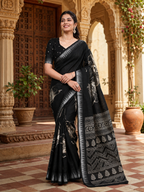 Premium Slub Silk Floral Printed  Zari Border Saree With Unstitched Blouse (Black)