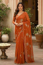 Premium Satin Silk Embroidery Work Saree With Unstitched Blouse(Mustard)