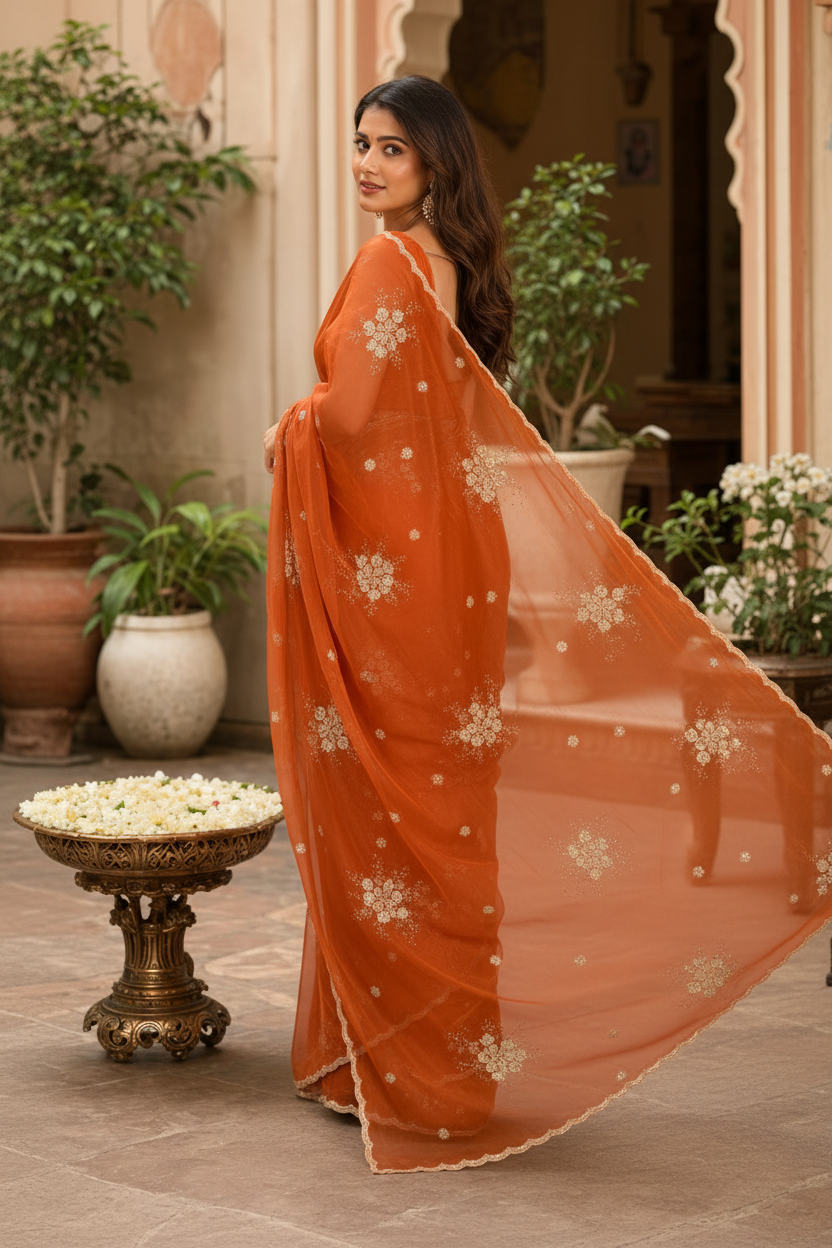 Premium Satin Silk Embroidery Work Saree With Unstitched Blouse(Mustard)