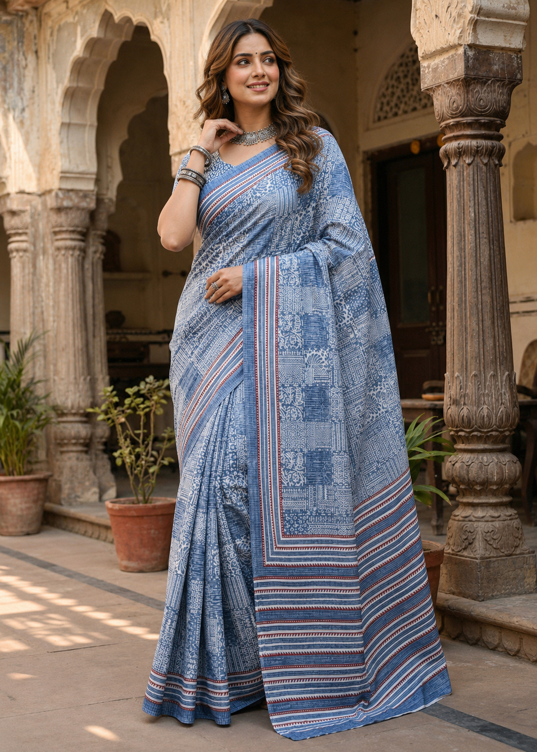 Soft Pure Cotton Bagru-Printed Saree With Unstitched Blouse(Sky Blue)