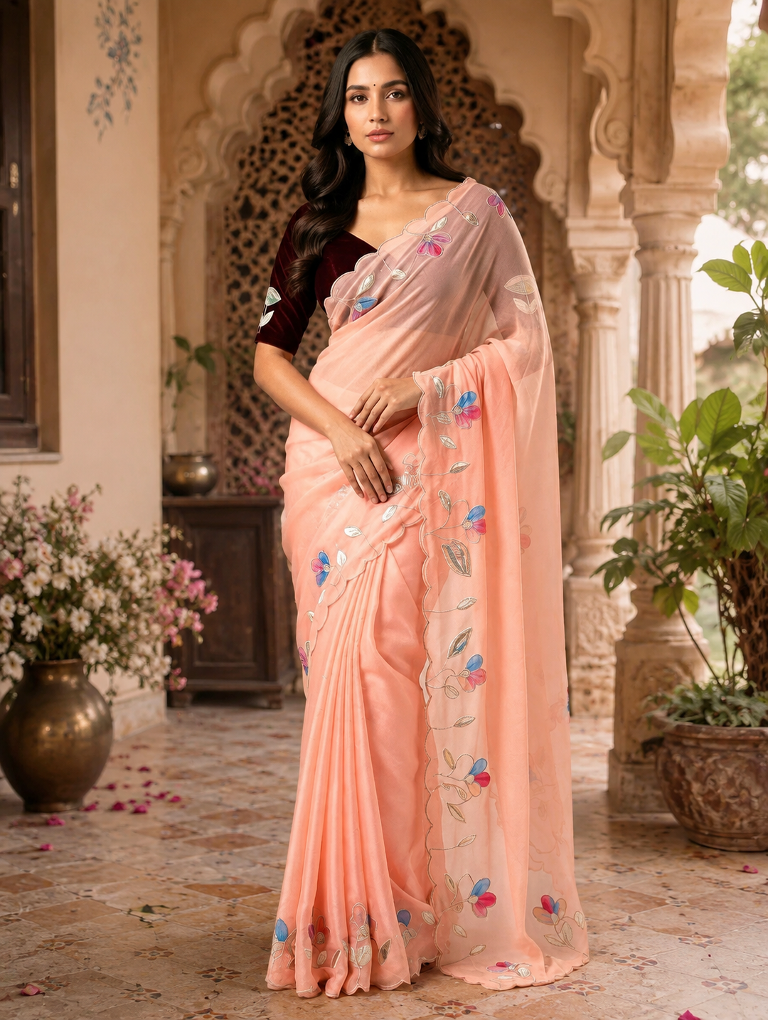 Premium Georgette Floral Print Saree With Unstitched Blouse(Peach)