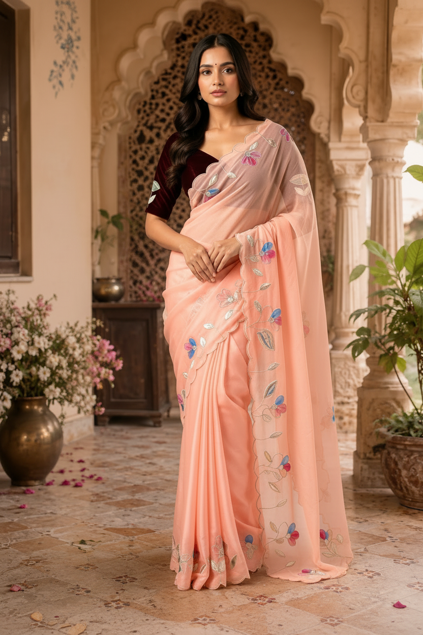 Premium Georgette Floral Print Saree With Unstitched Blouse(Peach)