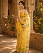 Organza Silk Ready To wear Printed Saree With Unstitched Blouse(Yellow)