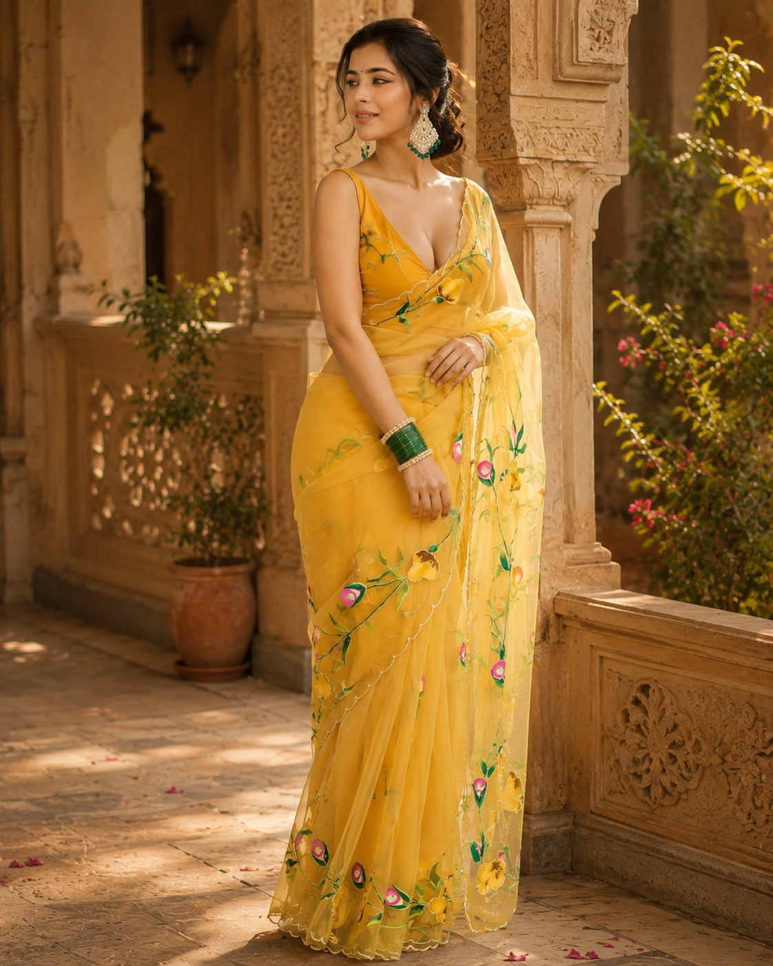 Organza Silk Ready To wear Printed Saree With Unstitched Blouse(Yellow)