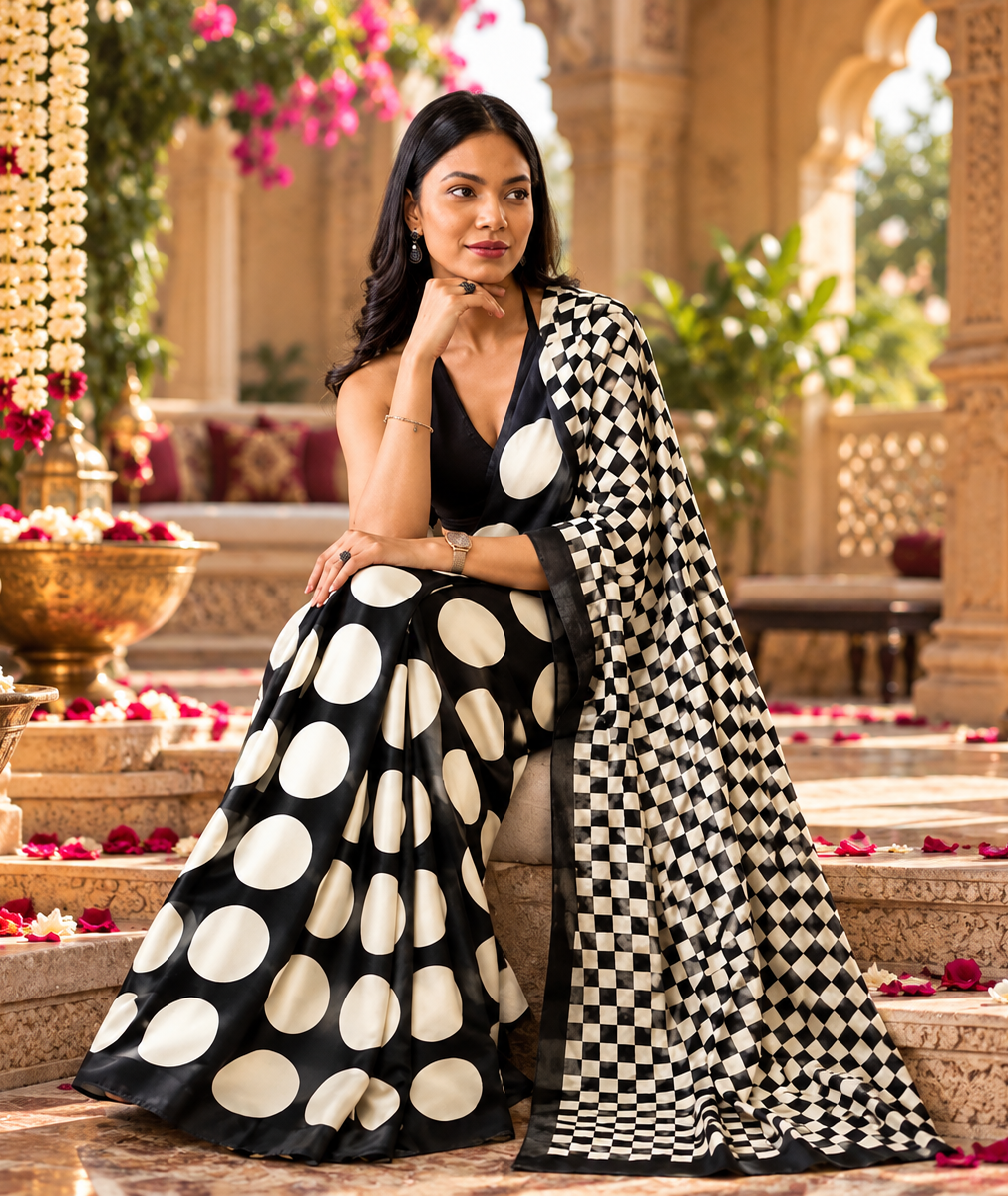 Original Gaji Silk Ajrakh Print Saree With Unstitched Blouse(Black)