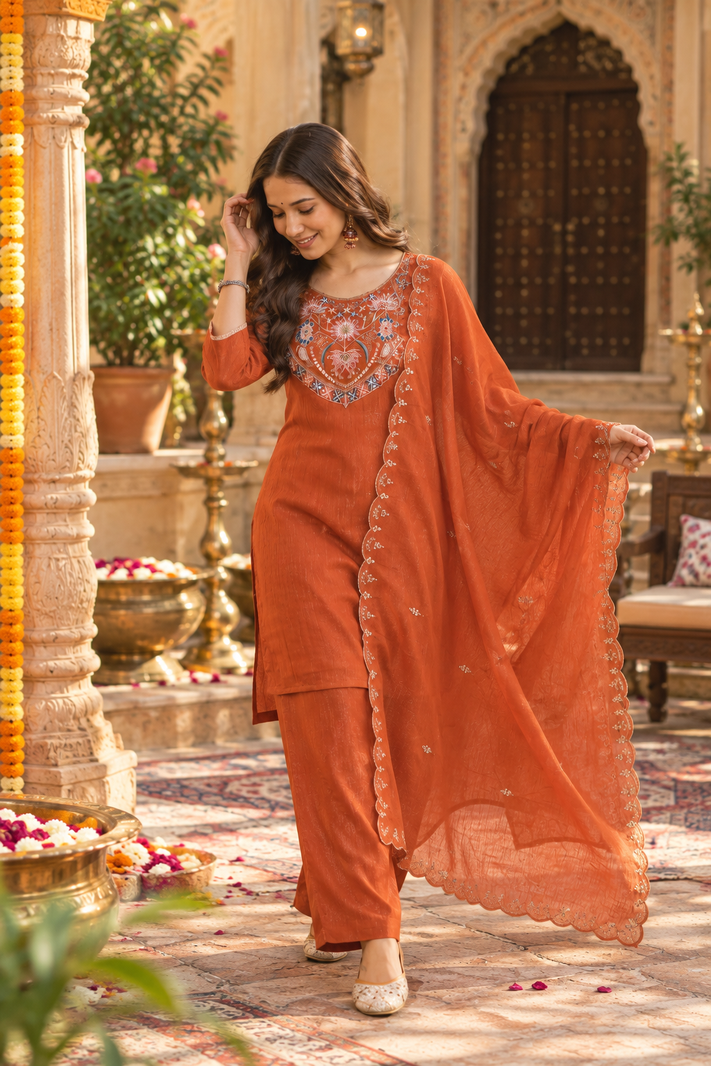Crunch Silk Straight Kurti Palazzo Set With Dupatta(Orange)