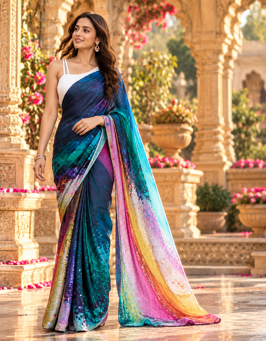 Satin Silk Printed Saree With Unstitched(Sky Blue)