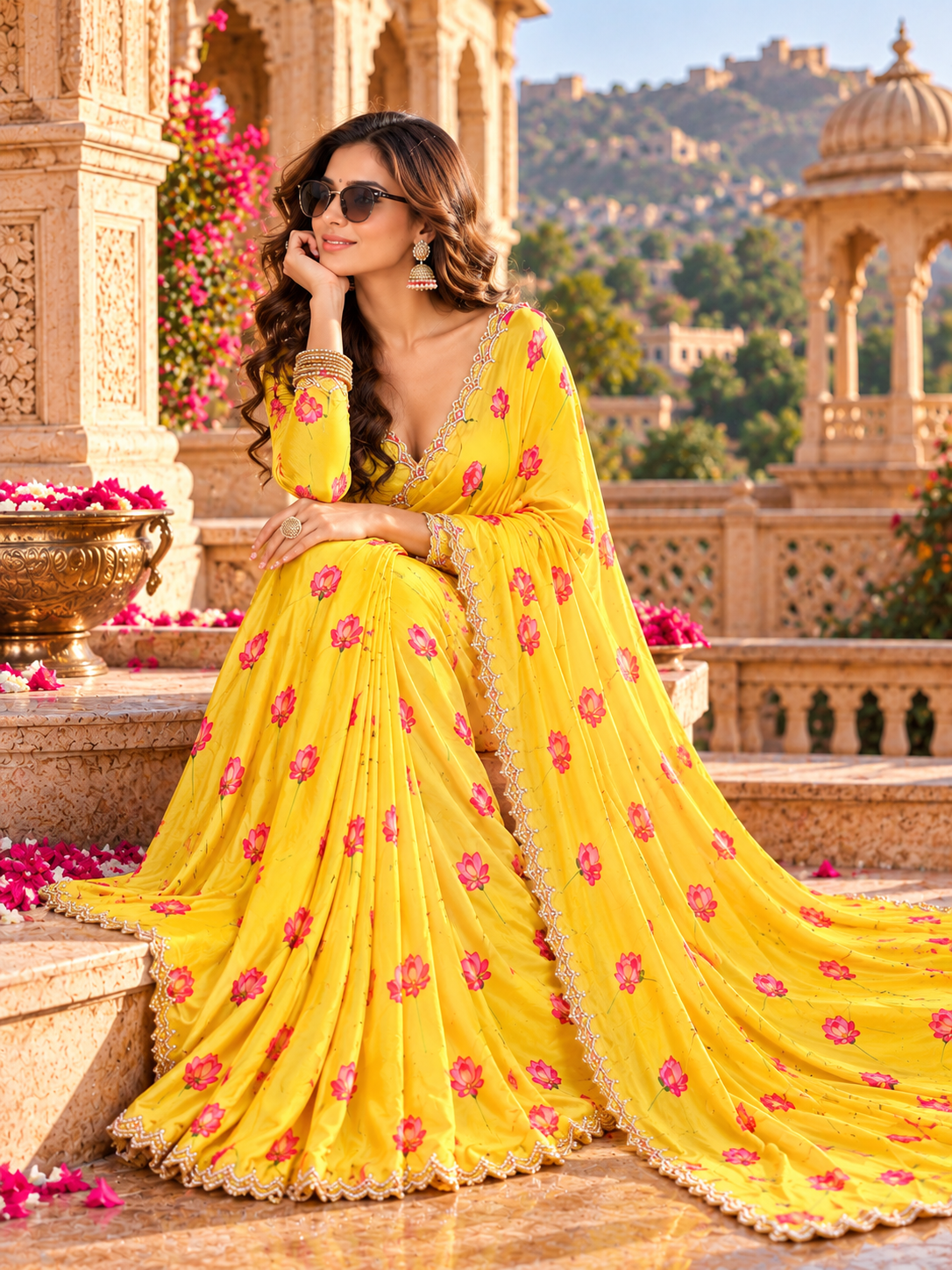 Premium Satin Silk Printed Saree With Unstitched Blouse(Yellow)