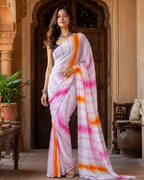 Soft Georgette Sibori Print Saree With Unstitched Blouse(Pink)