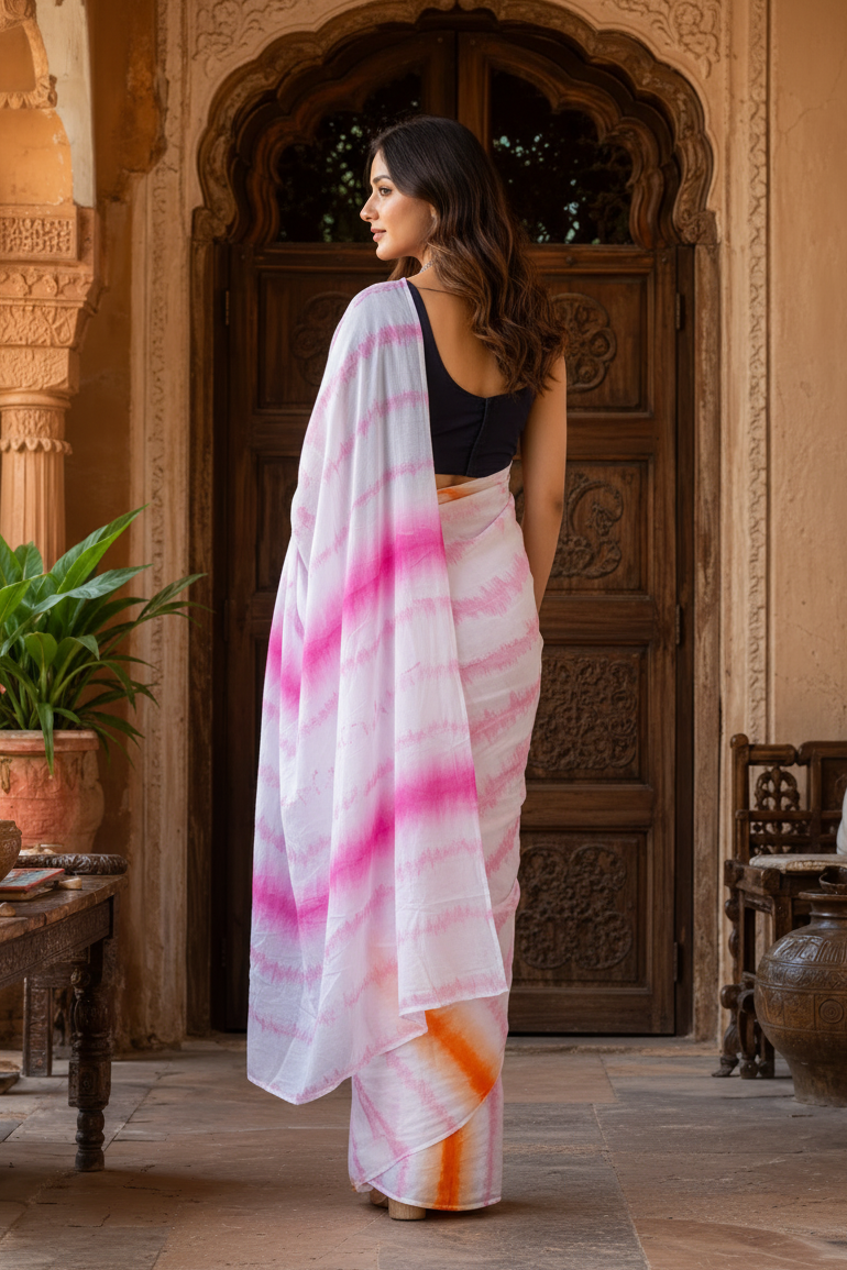 Soft Georgette Sibori Print Saree With Unstitched Blouse(Pink)