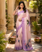 Satin Silk Floral Print Saree With Unstitched Blouse(Peach)
