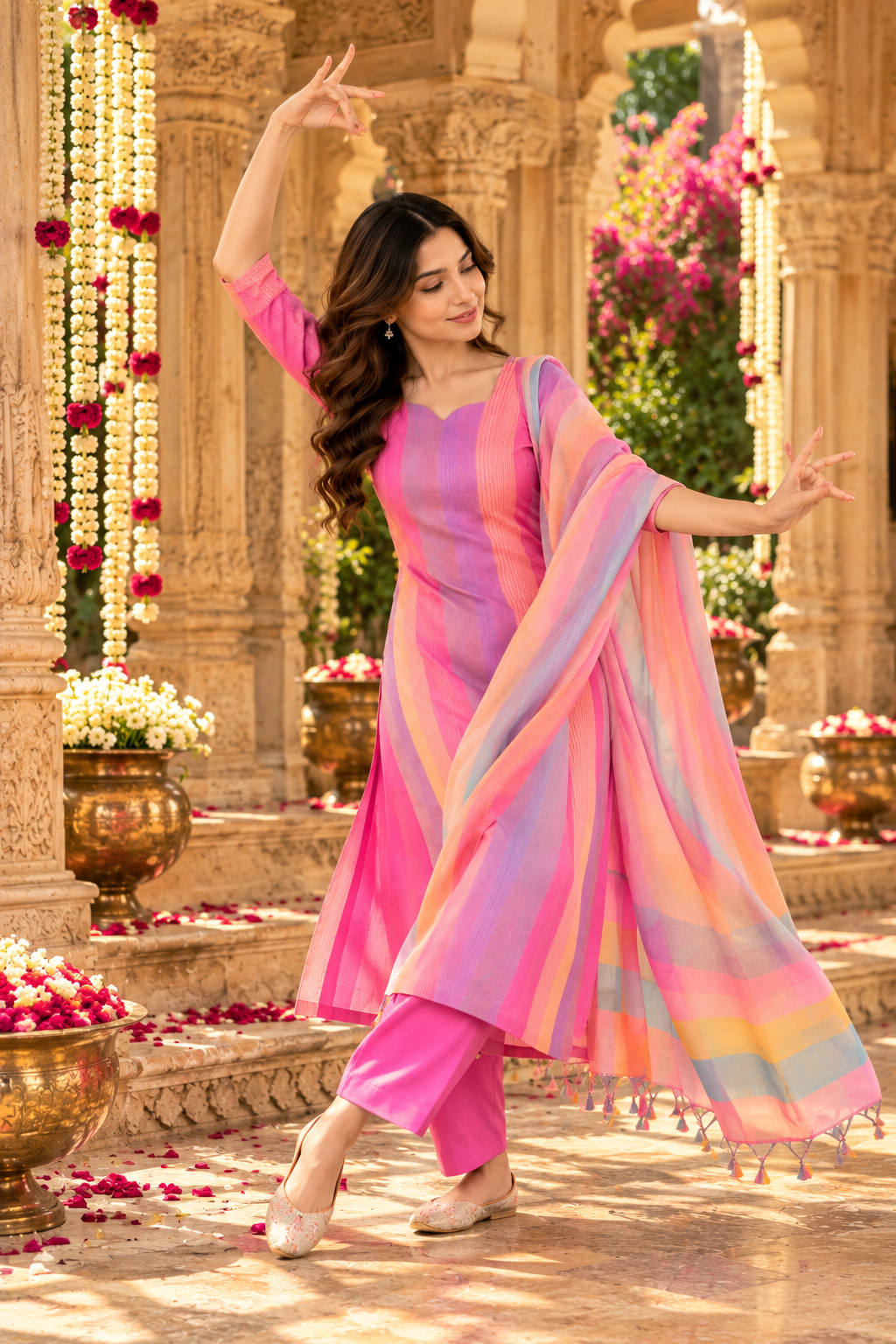 Cotton Kurti Pant Set with Dupatta(Multicolour)