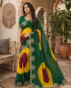 Georgette Bandhani Print Saree With Unstitched Blouse(Yellow)