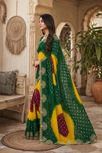 Georgette Bandhani Print Saree With Unstitched Blouse(Yellow)