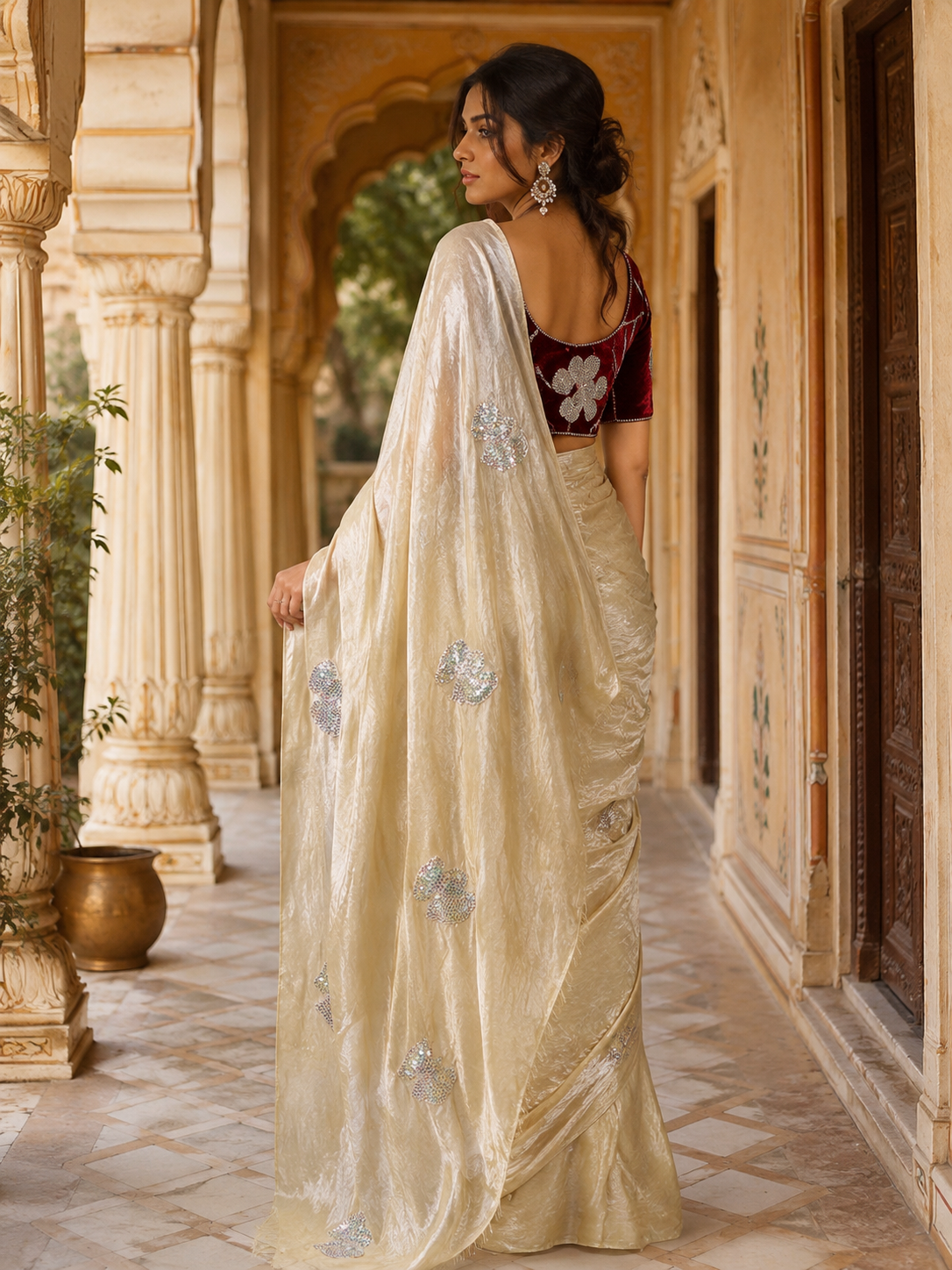 Space Silk Sequins Work Saree With Unstitched Blouse(off white)