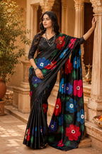 Premium Crepe Silk Saree With Unstitched Blouse(Black)