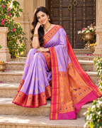 Premium Paithani Katan Silk Butti Saree With Zari Border Unstitched Blouse (Violet)