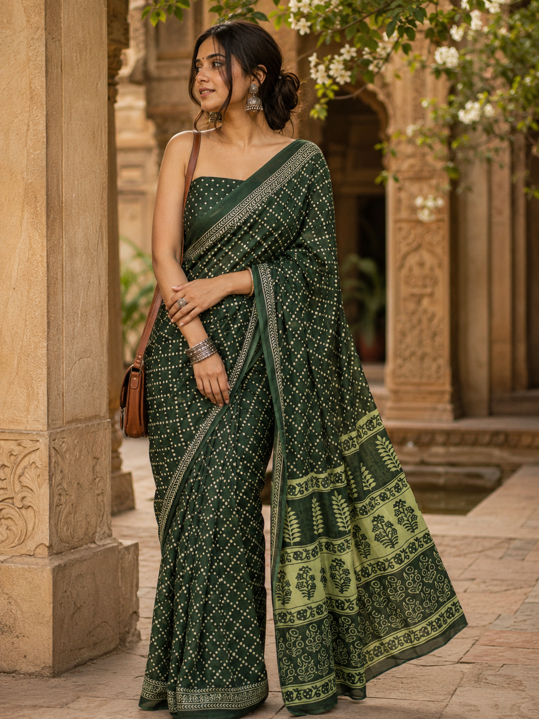 Pure Soft Mulmul Cotton Printed Saree With Unstitched Blouse(Green)