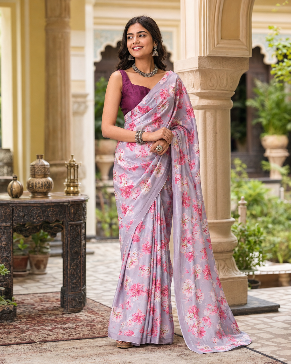 Satin Silk Printed Saree With Unstitched Blouse(Wine)